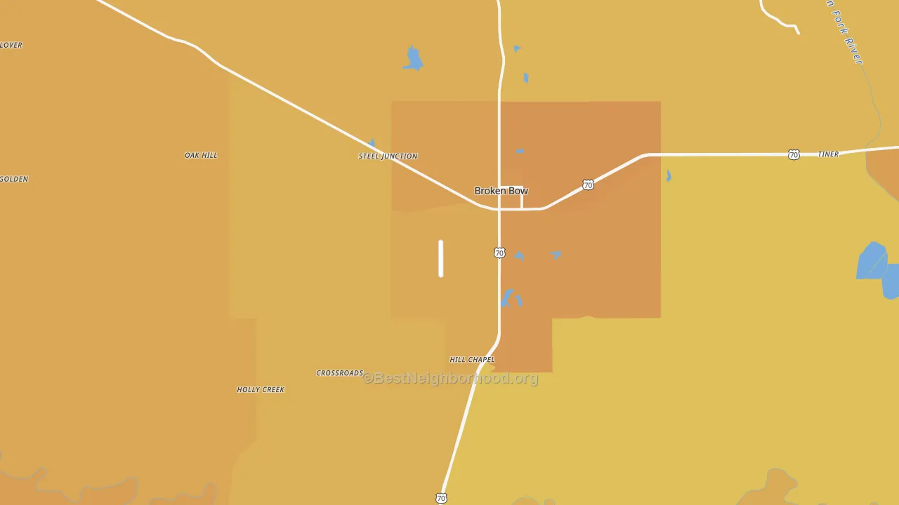 Map of the best neighborhoods in the Broken Bow area, with better matches in green and worse matches in red