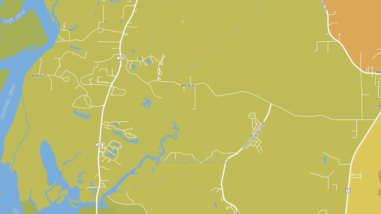 Map of the best neighborhoods in the Bromley area, with better matches in green and worse matches in red