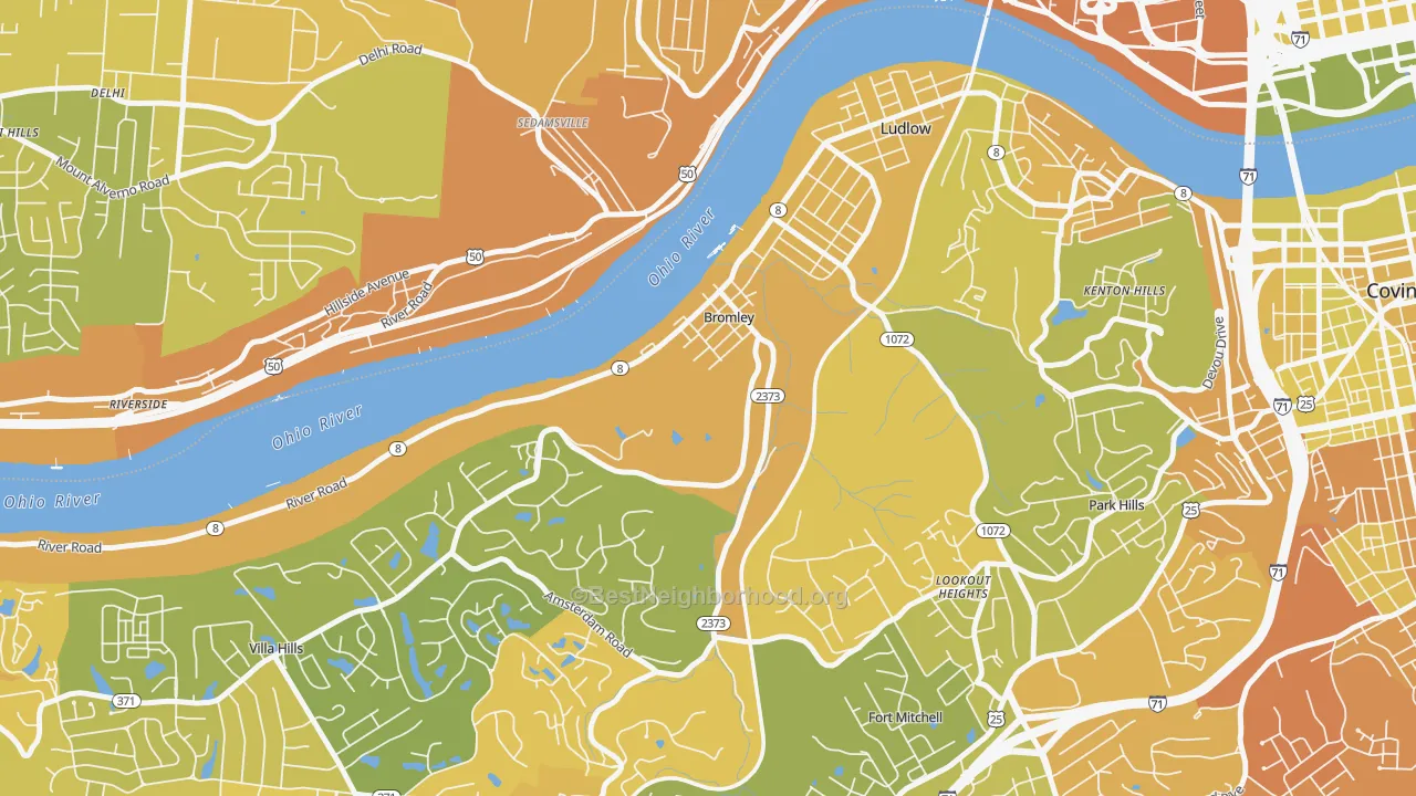 Map of the best neighborhoods in the Bromley area, with better matches in green and worse matches in red