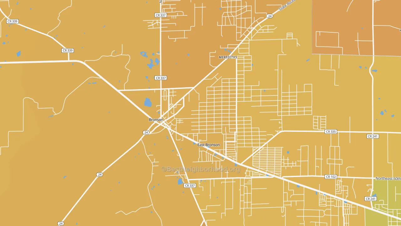 Map of the best neighborhoods in the Bronson area, with better matches in green and worse matches in red
