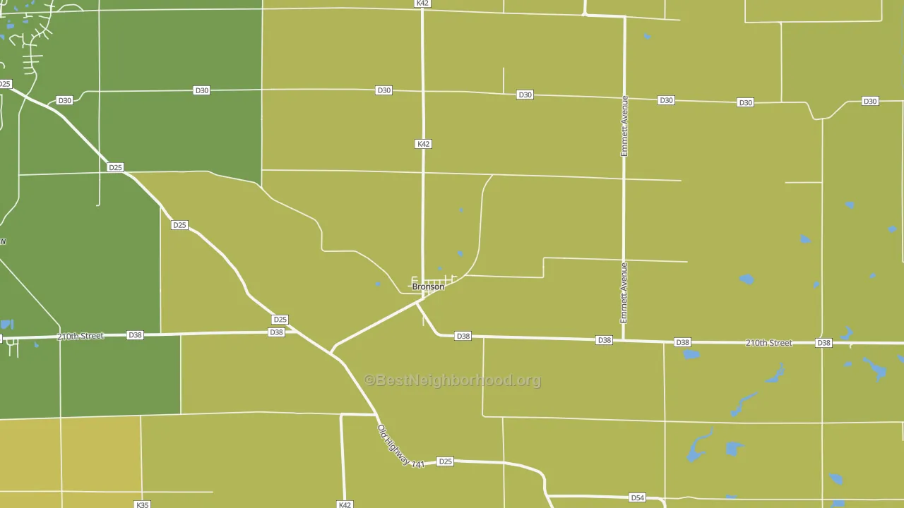 Map of the best neighborhoods in the Bronson area, with better matches in green and worse matches in red