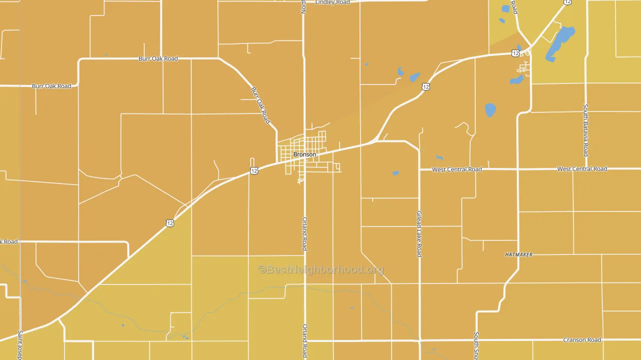 Map of the best neighborhoods in the Bronson area, with better matches in green and worse matches in red