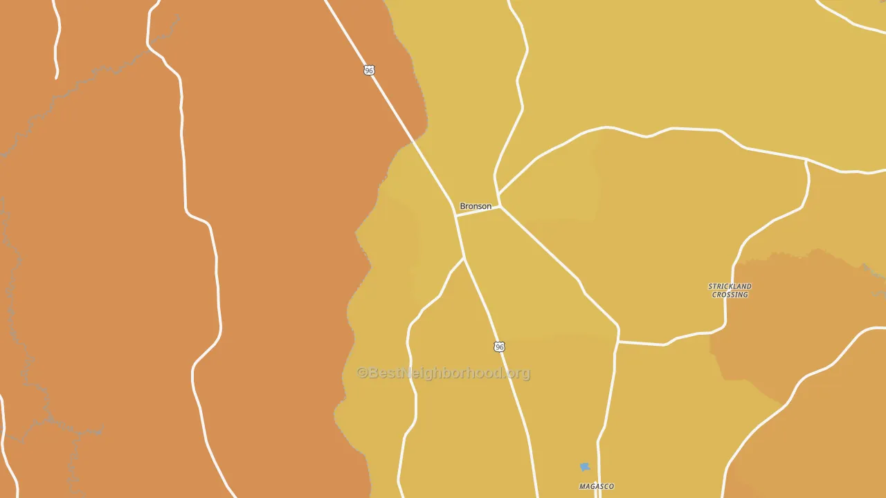 Map of the best neighborhoods in the Bronson area, with better matches in green and worse matches in red
