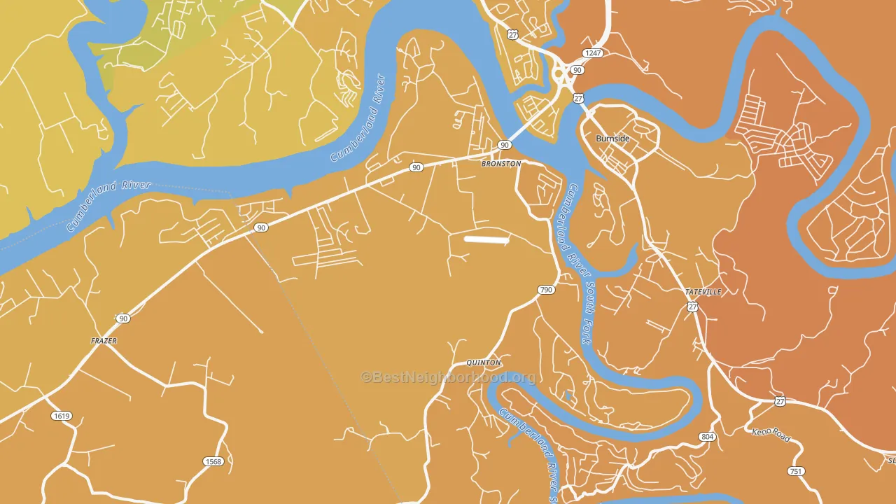 Map of the best neighborhoods in the Bronston area, with better matches in green and worse matches in red