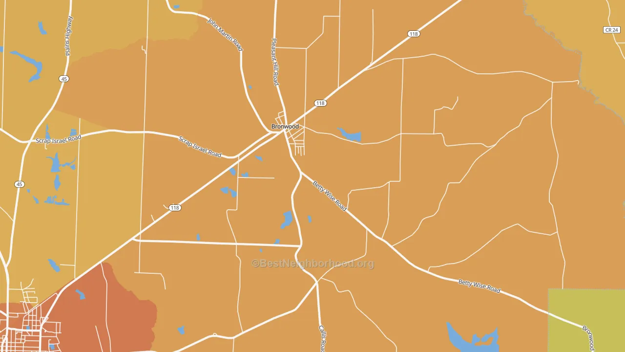 Map of the best neighborhoods in the Bronwood area, with better matches in green and worse matches in red