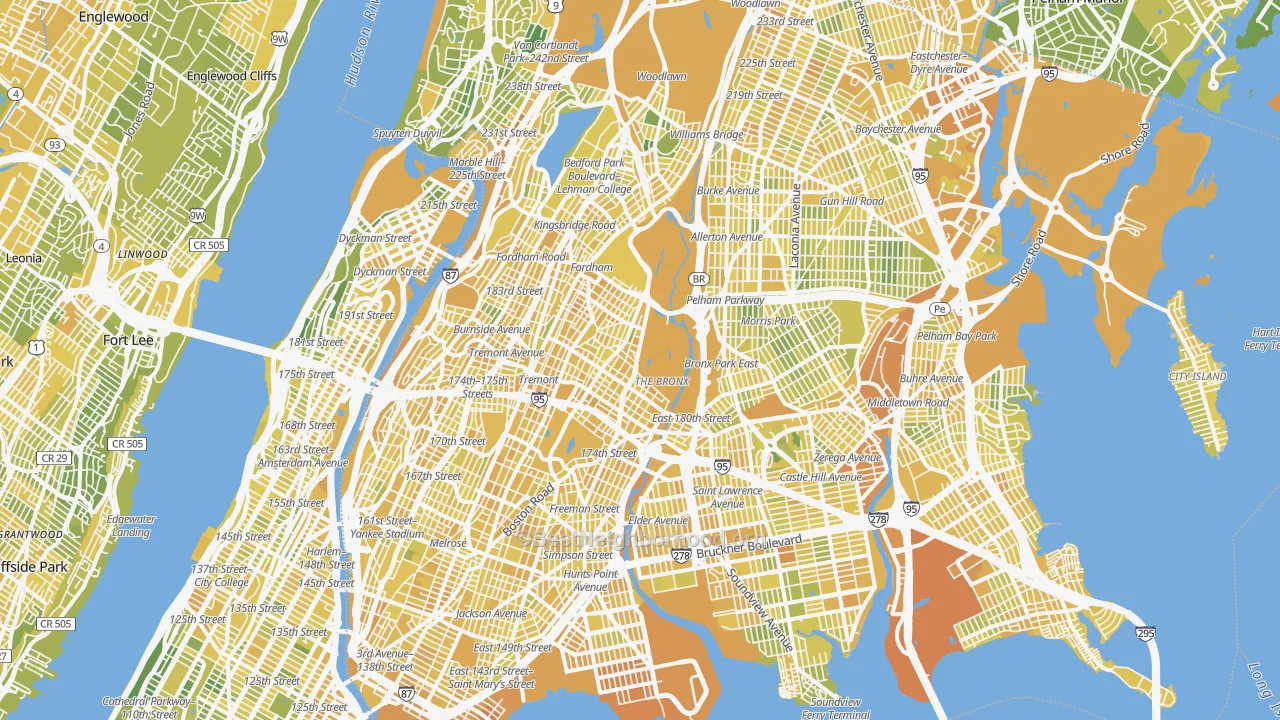 Map of the best neighborhoods in the Bronx area, with better matches in green and worse matches in red
