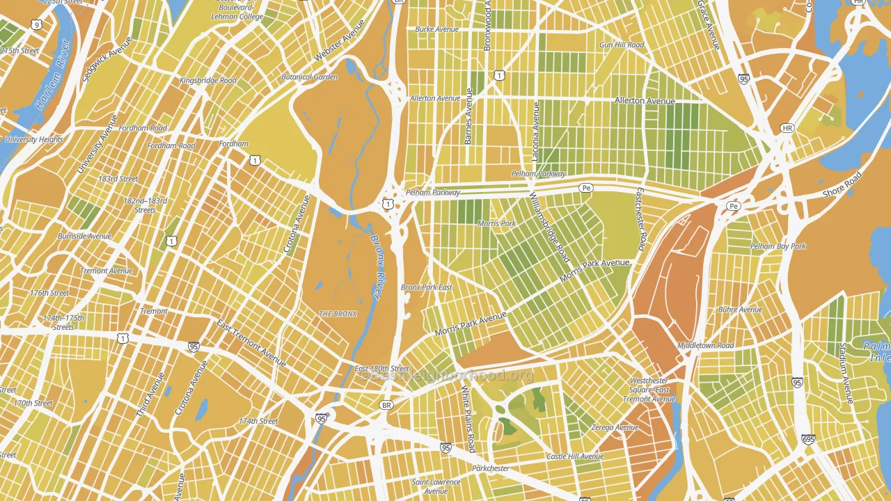 Map of the best neighborhoods in the Bronxdale, Bronx area, with better matches in green and worse matches in red