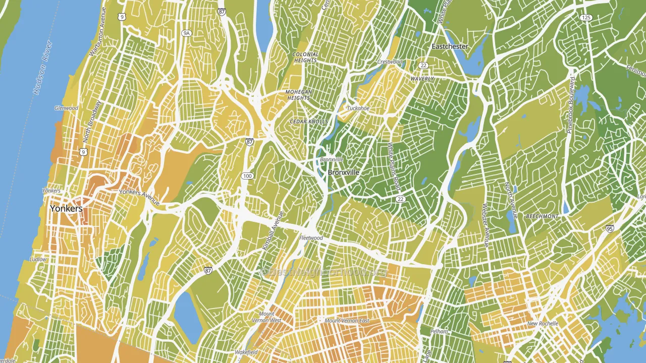 Map of the best neighborhoods in the Bronxville area, with better matches in green and worse matches in red