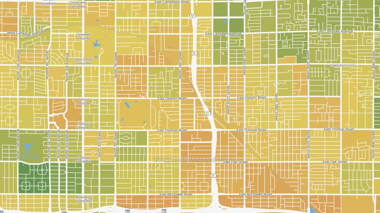 Map of the best neighborhoods in the Bronze Boot, Phoenix area, with better matches in green and worse matches in red