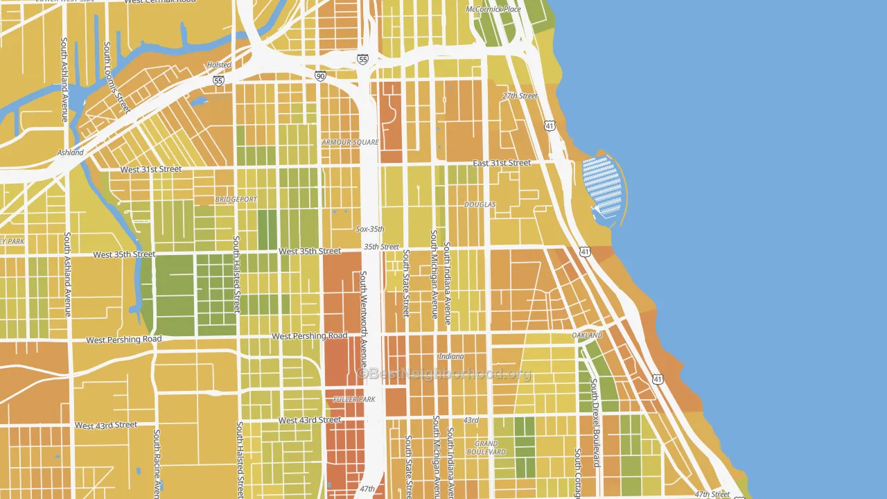 Map of the best neighborhoods in the Bronzeville, Chicago area, with better matches in green and worse matches in red