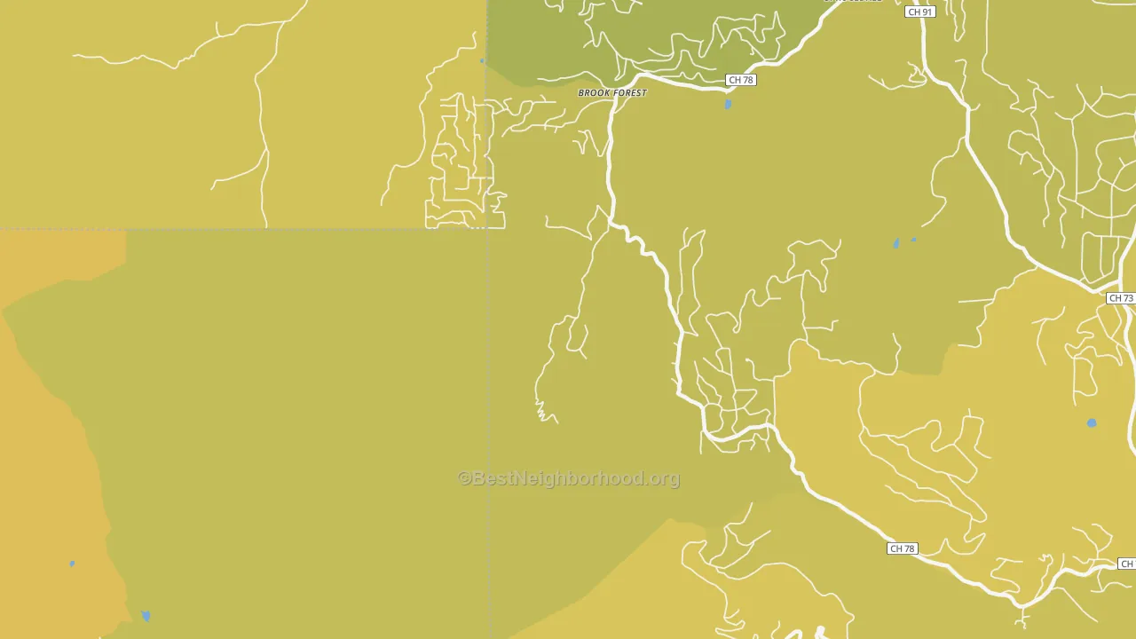 Map of the best neighborhoods in the Brook Forest area, with better matches in green and worse matches in red