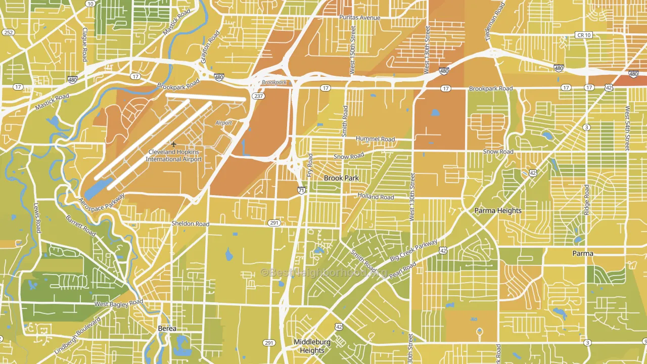 Map of the best neighborhoods in the Brook Park area, with better matches in green and worse matches in red