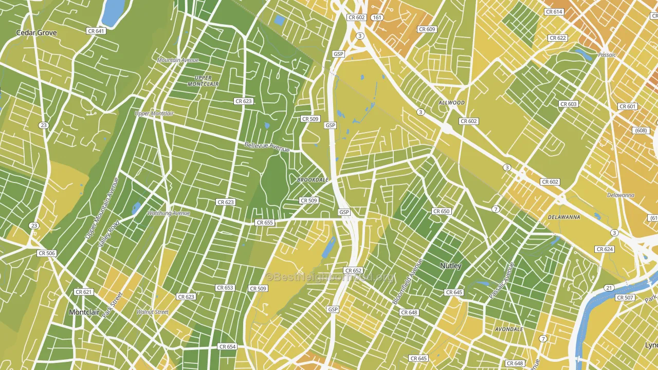Map of the best neighborhoods in the Brookdale area, with better matches in green and worse matches in red