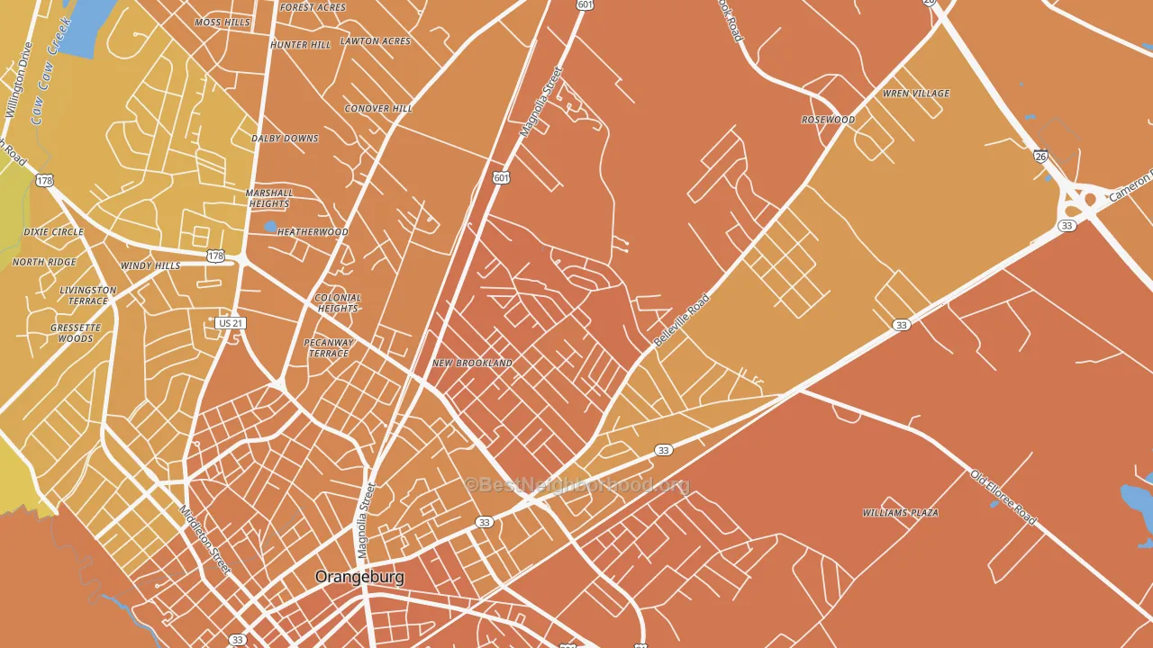Map of the best neighborhoods in the Brookdale area, with better matches in green and worse matches in red