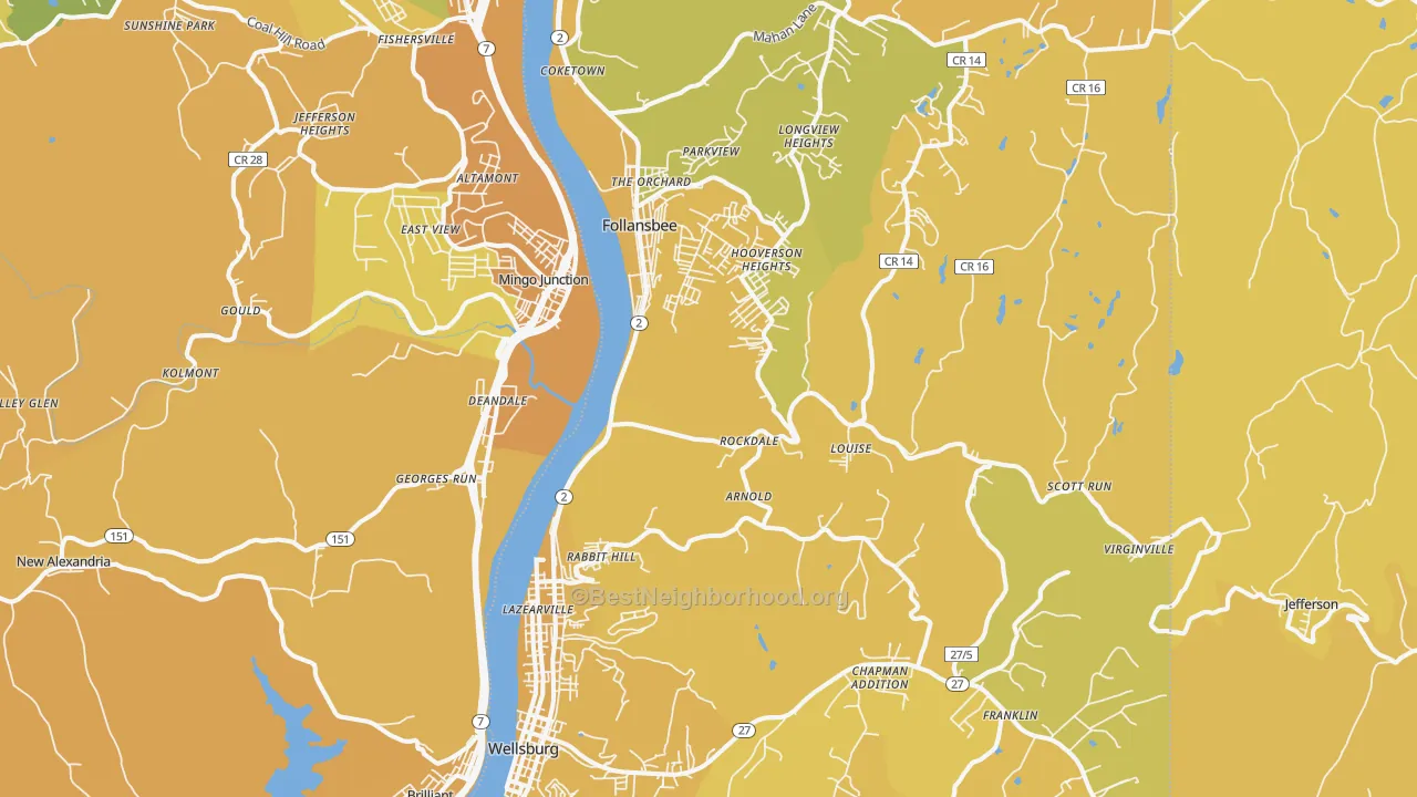 Map of the best neighborhoods in the Brooke County area, with better matches in green and worse matches in red
