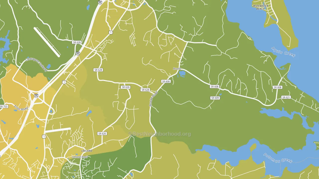 Map of the best neighborhoods in the Brooke area, with better matches in green and worse matches in red