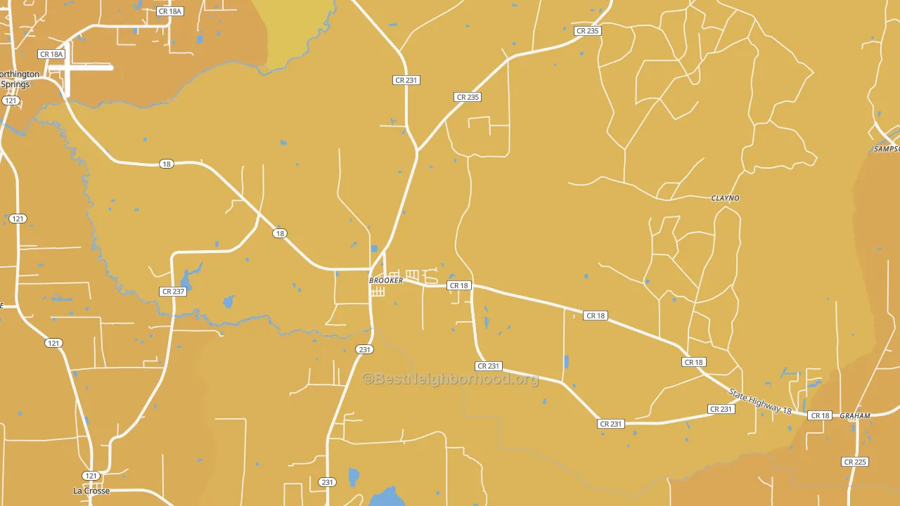 Map of the best neighborhoods in the Brooker area, with better matches in green and worse matches in red