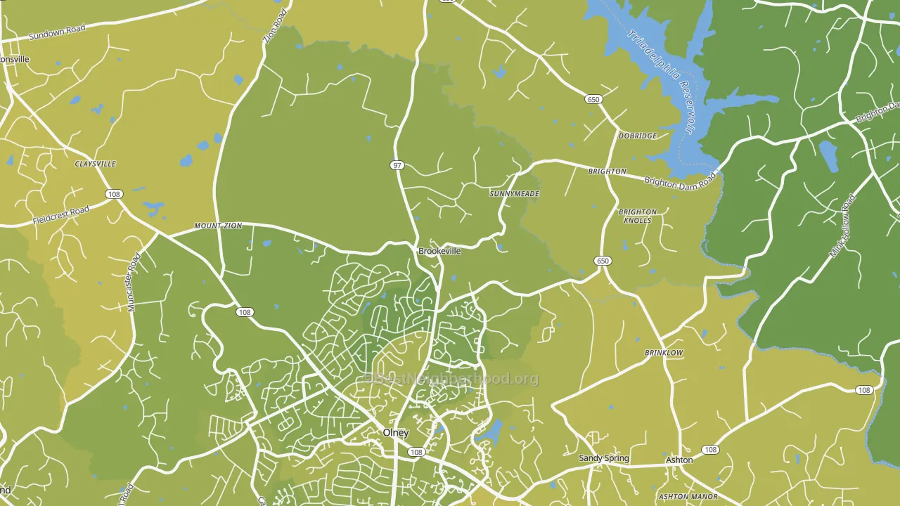 Map of the best neighborhoods in the Brookeville area, with better matches in green and worse matches in red