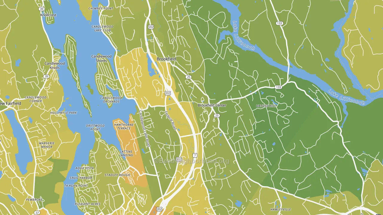 Map of the best neighborhoods in the Brookfield area, with better matches in green and worse matches in red