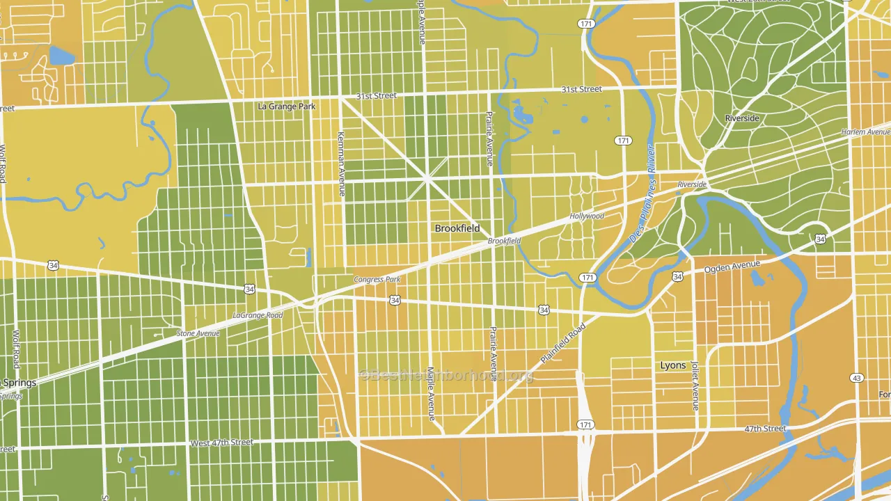 Map of the best neighborhoods in the Brookfield area, with better matches in green and worse matches in red