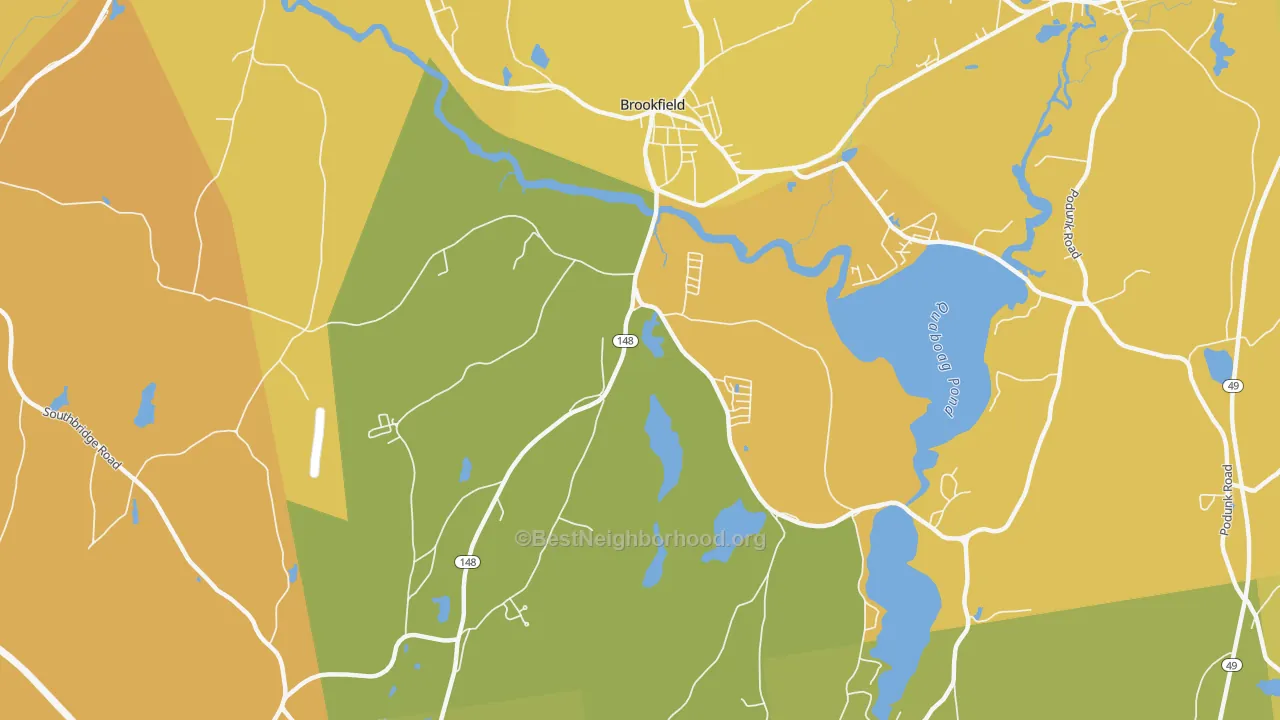 Map of the best neighborhoods in the Brookfield area, with better matches in green and worse matches in red