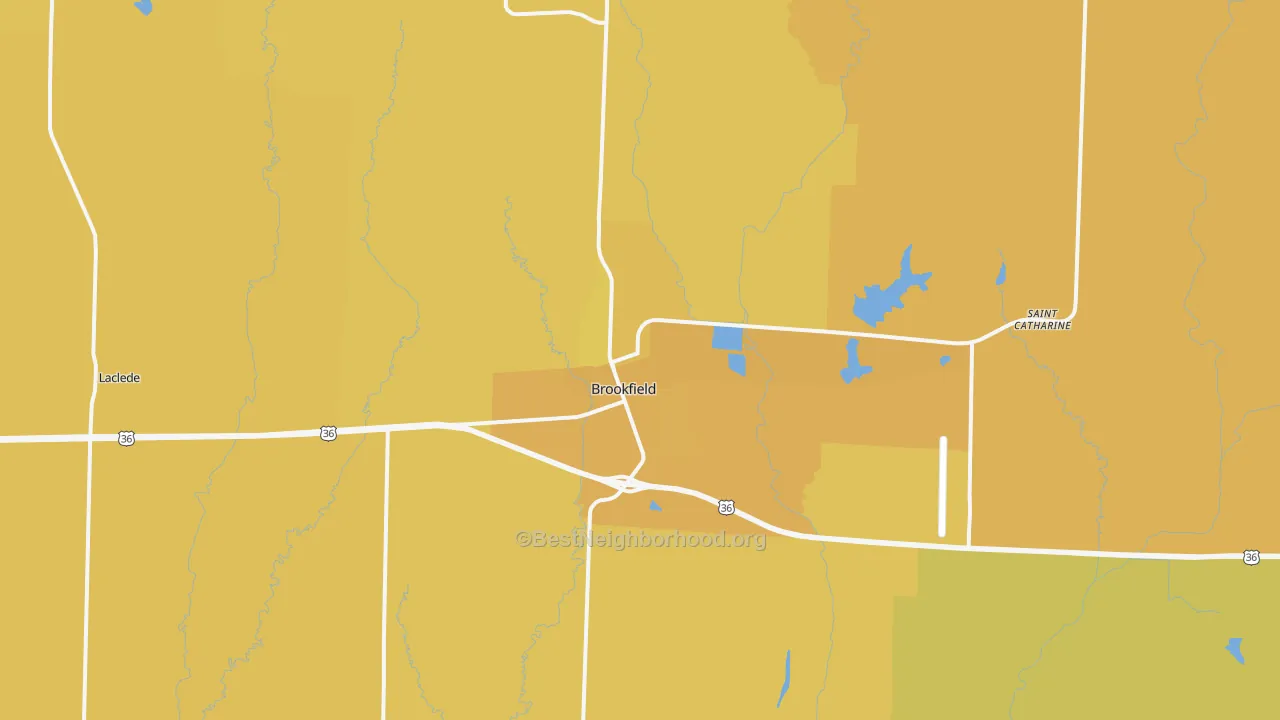 Map of the best neighborhoods in the Brookfield area, with better matches in green and worse matches in red
