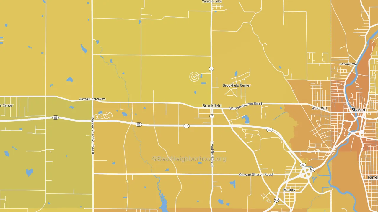Map of the best neighborhoods in the Brookfield area, with better matches in green and worse matches in red