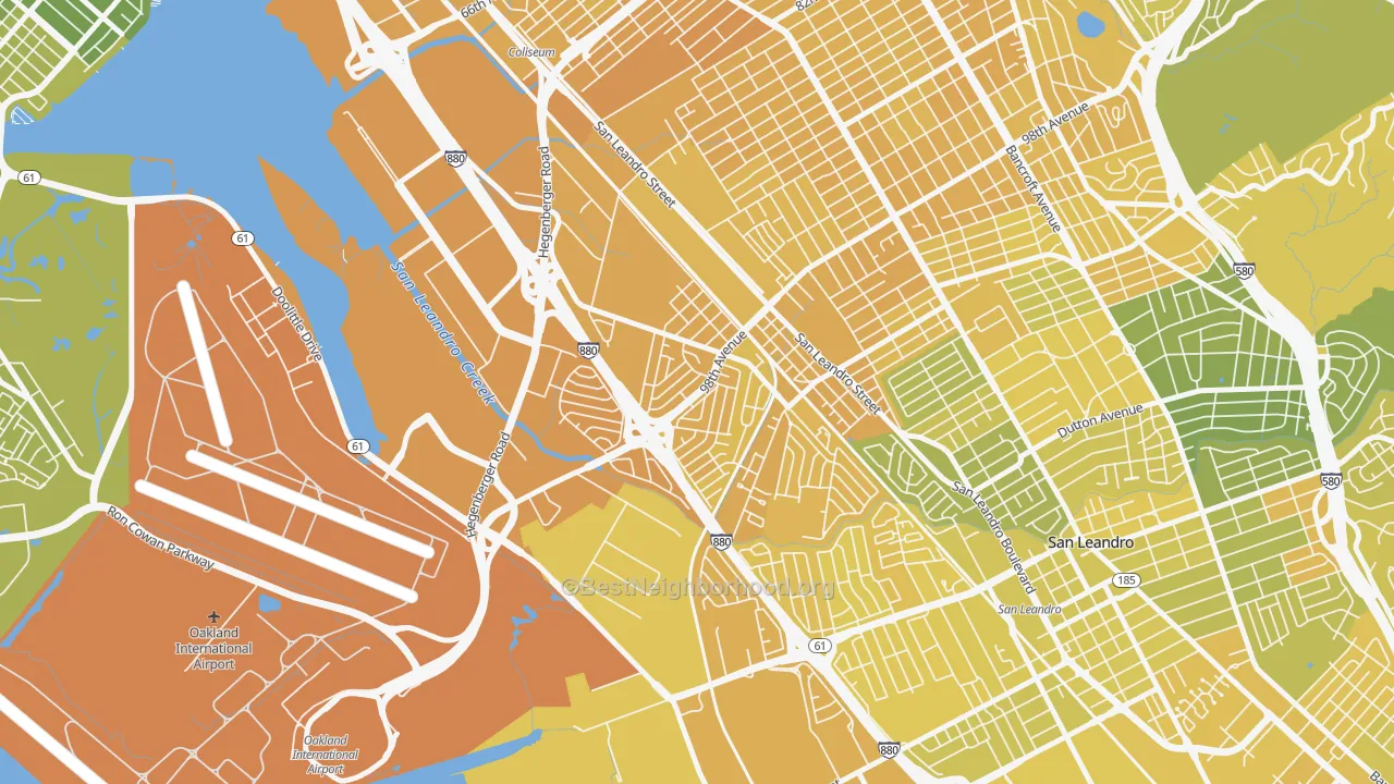Map of the best neighborhoods in the Brookfield Village, Oakland area, with better matches in green and worse matches in red