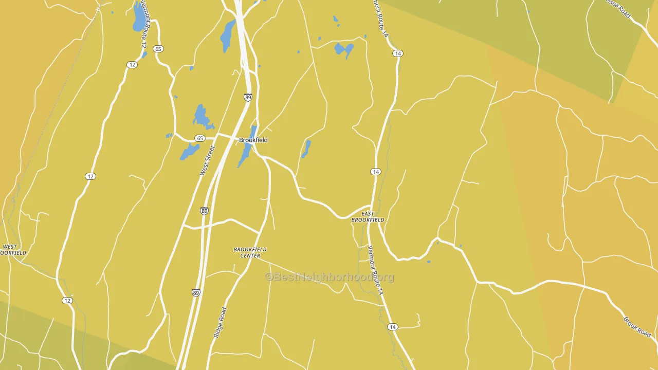 Map of the best neighborhoods in the Brookfield area, with better matches in green and worse matches in red