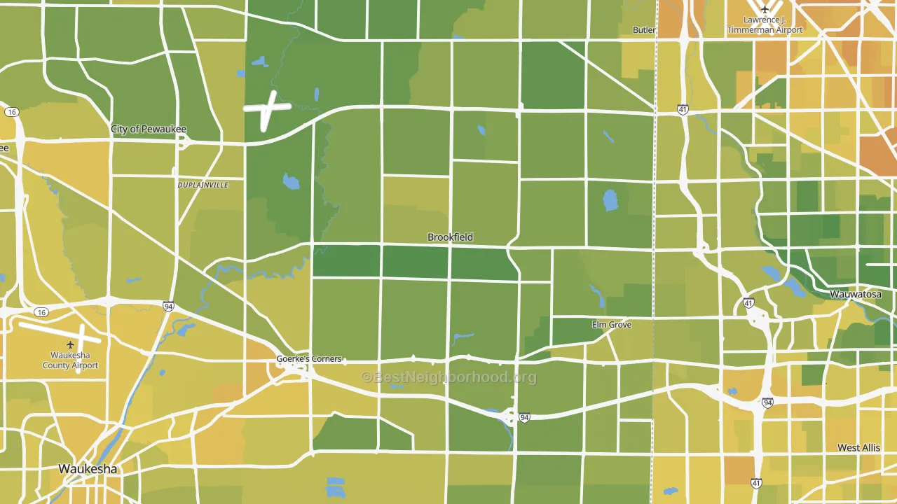 Map of the best neighborhoods in the Brookfield area, with better matches in green and worse matches in red