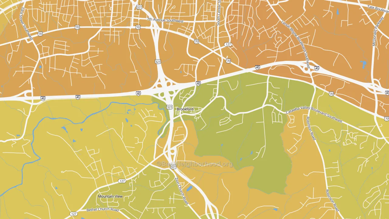 Map of the best neighborhoods in the Brookford area, with better matches in green and worse matches in red