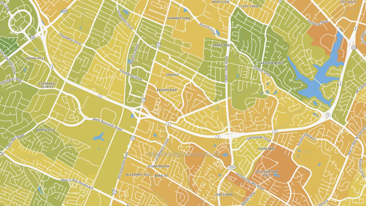 Map of the best neighborhoods in the Brookhaven-Lansdowne, Lexington area, with better matches in green and worse matches in red