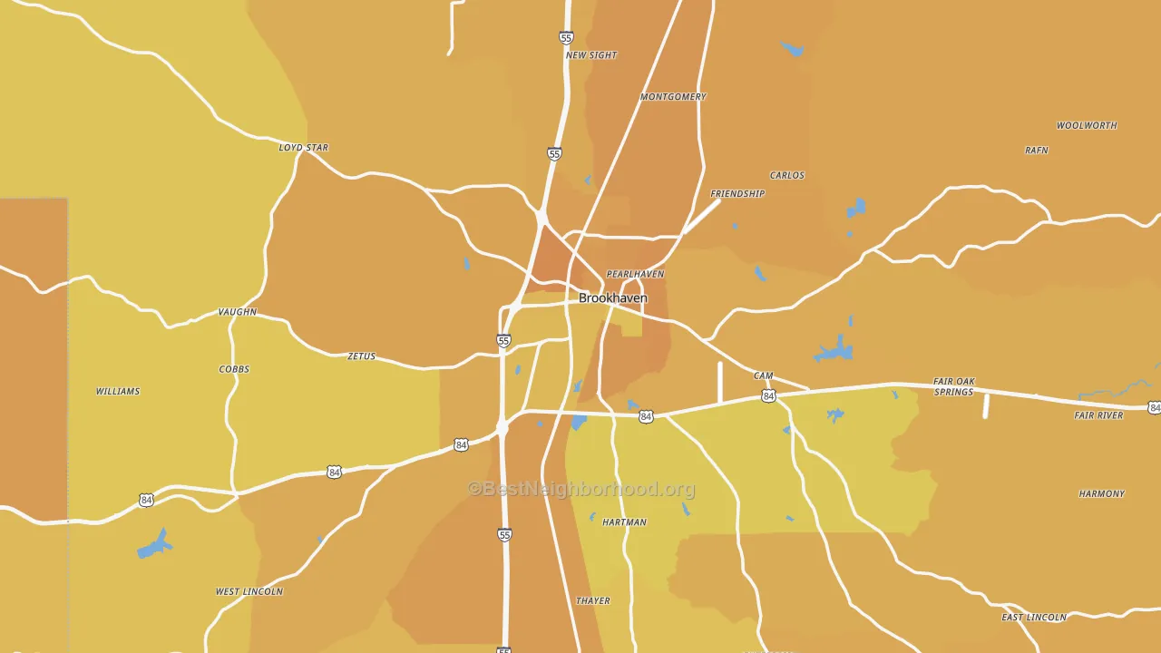 Map of the best neighborhoods in the Brookhaven area, with better matches in green and worse matches in red