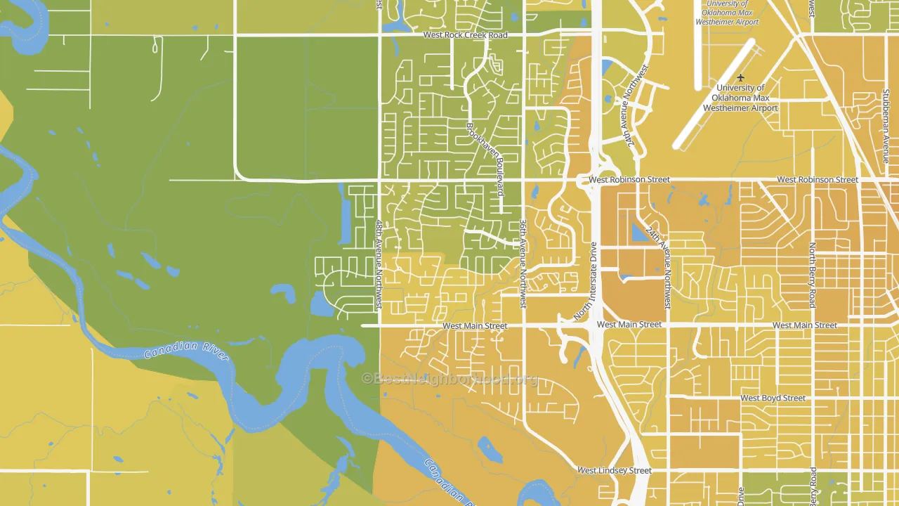 Map of the best neighborhoods in the Brookhaven, Norman area, with better matches in green and worse matches in red