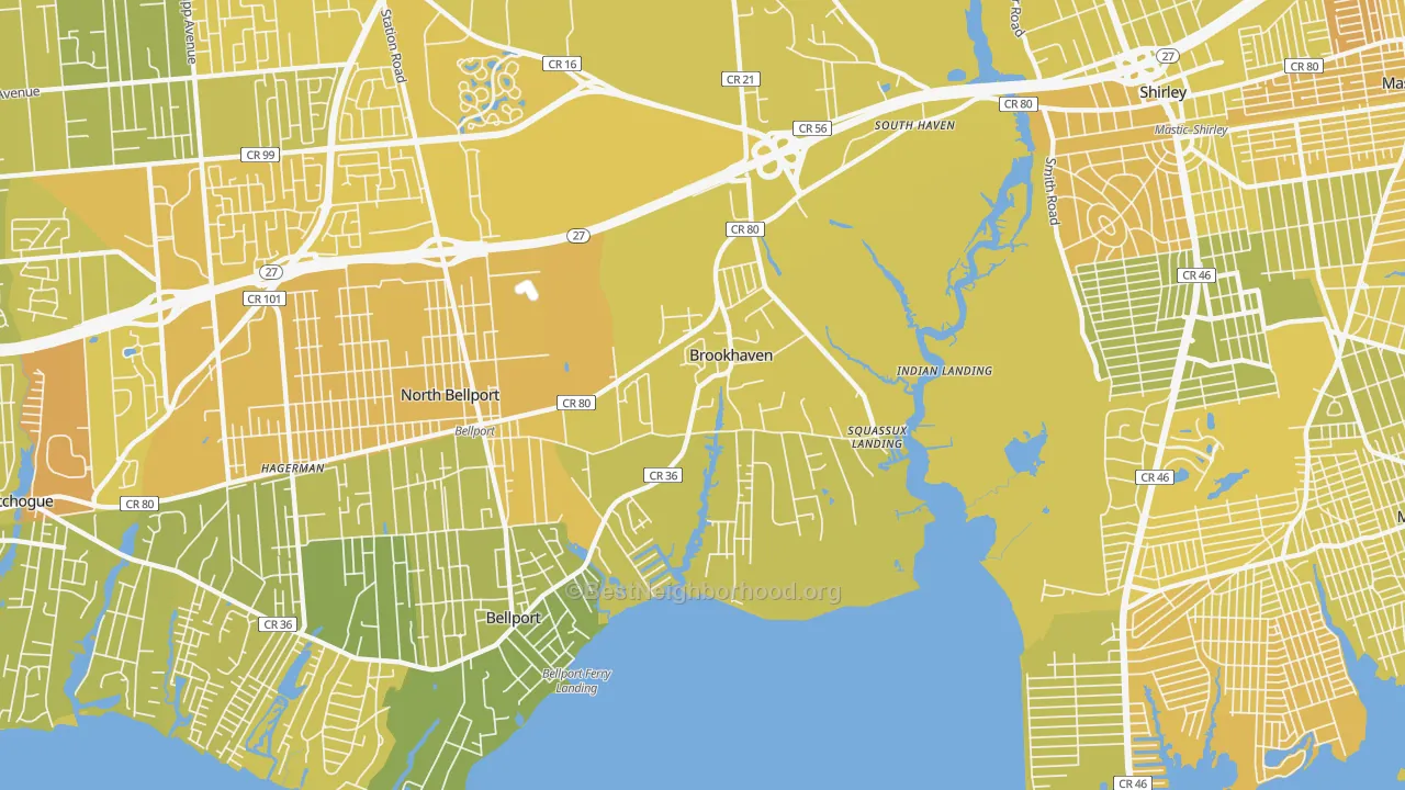 Map of the best neighborhoods in the Brookhaven area, with better matches in green and worse matches in red