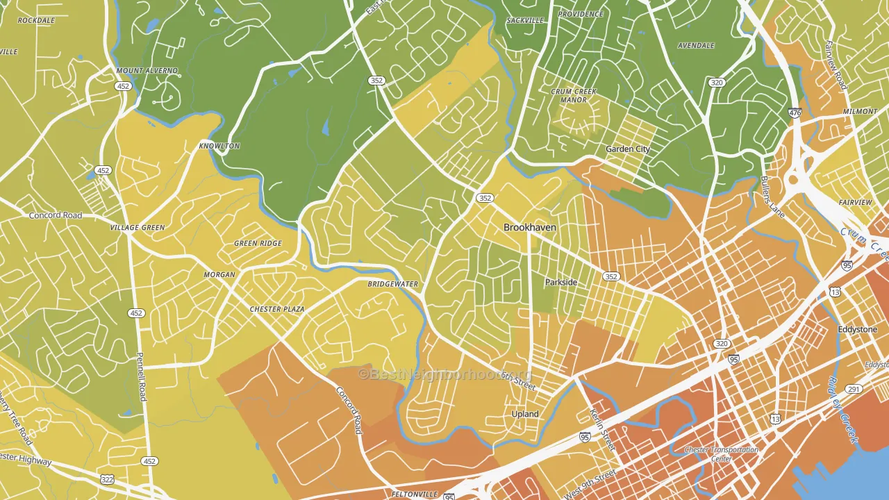 Map of the best neighborhoods in the Brookhaven area, with better matches in green and worse matches in red