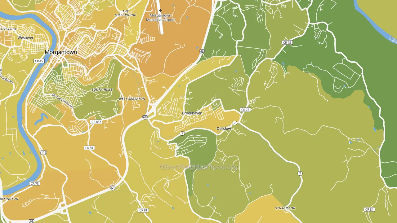 Map of the best neighborhoods in the Brookhaven area, with better matches in green and worse matches in red