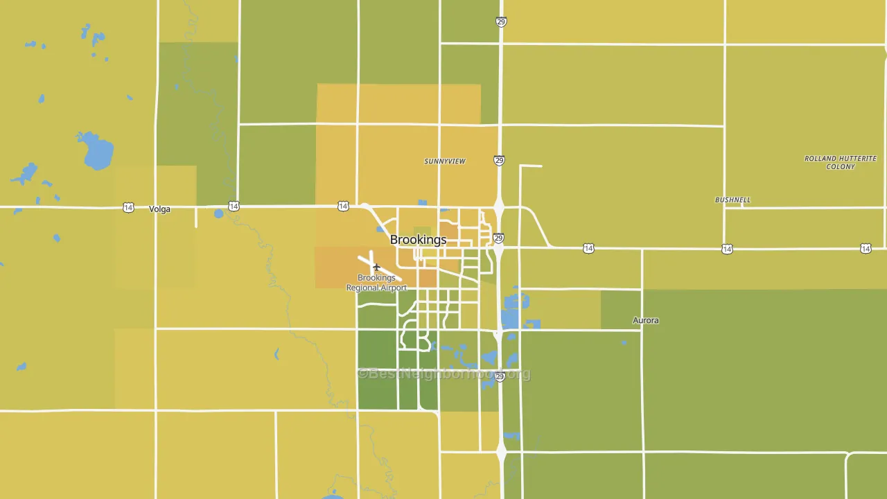 Map of the best neighborhoods in the Brookings County area, with better matches in green and worse matches in red