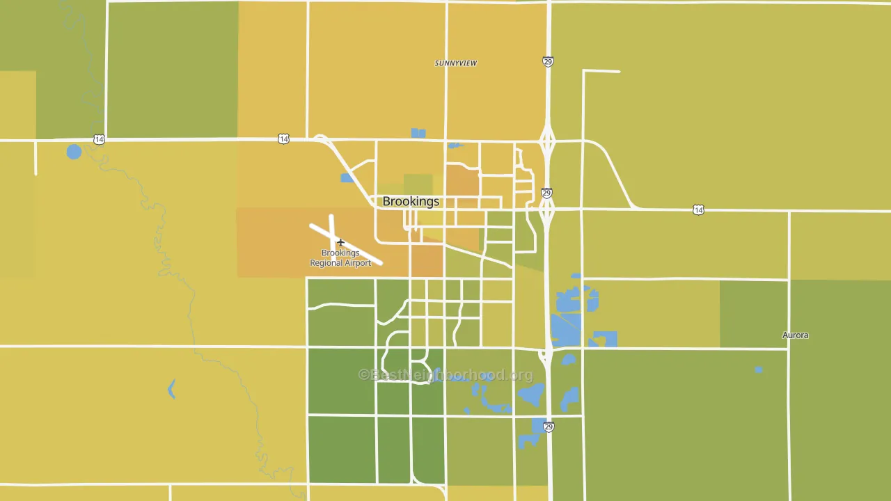 Map of the best neighborhoods in the Brookings area, with better matches in green and worse matches in red