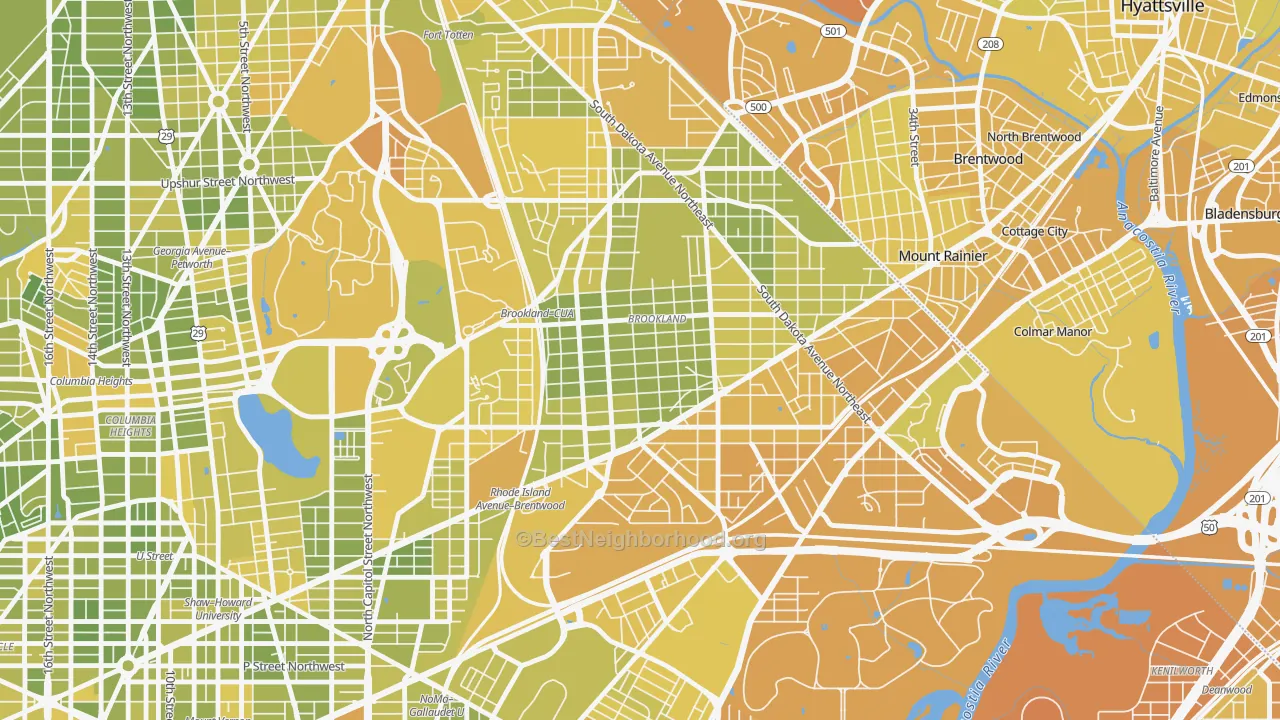 Map of the best neighborhoods in the Brookland, Washington area, with better matches in green and worse matches in red