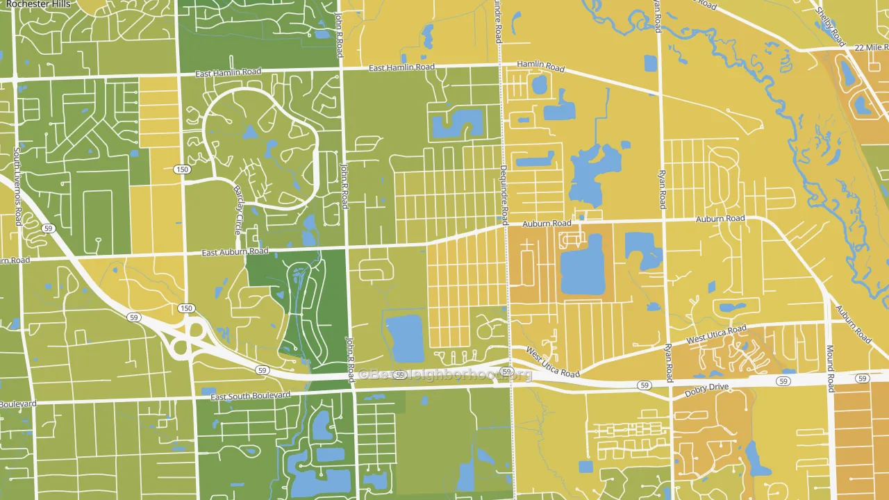 Map of the best neighborhoods in the Brooklands Park, Rochester Hills area, with better matches in green and worse matches in red