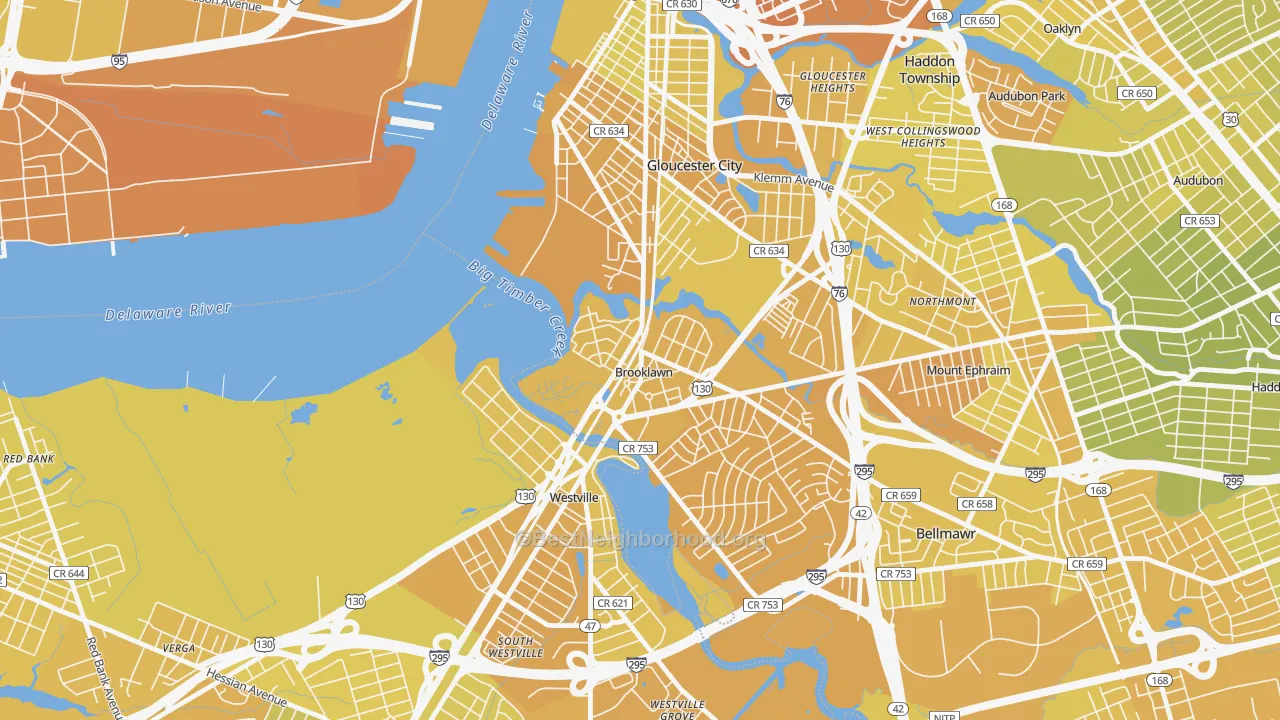 Map of the best neighborhoods in the Brooklawn area, with better matches in green and worse matches in red