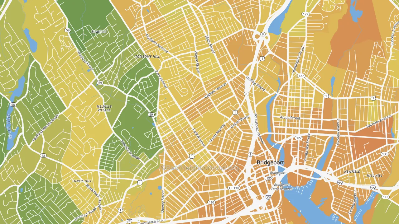 Map of the best neighborhoods in the Brooklawn-St. Vincent, Bridgeport area, with better matches in green and worse matches in red