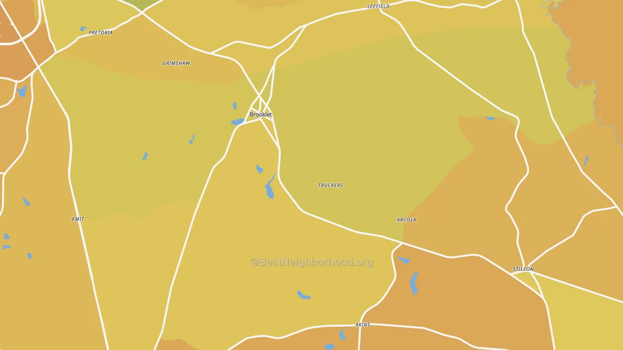 Map of the best neighborhoods in the Brooklet area, with better matches in green and worse matches in red