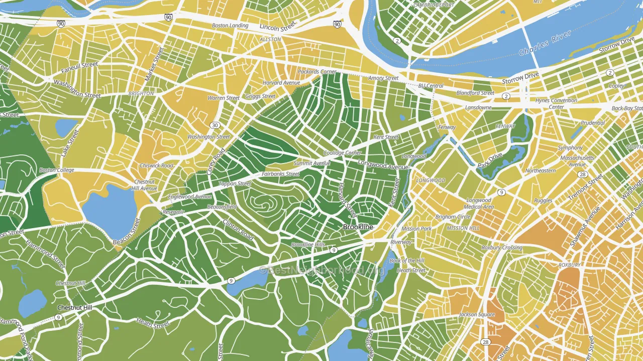 Map of the best neighborhoods in the Brookline area, with better matches in green and worse matches in red