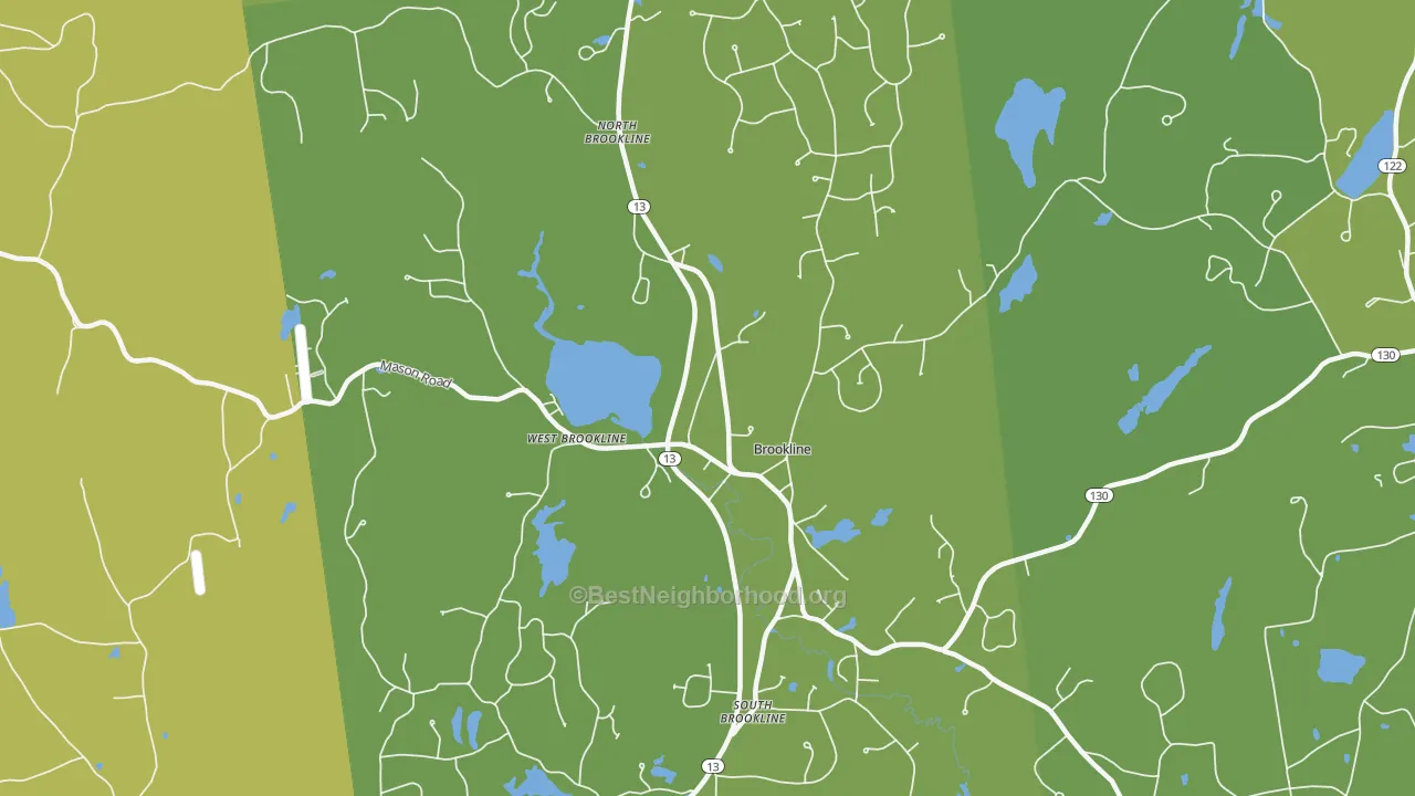 Map of the best neighborhoods in the Brookline area, with better matches in green and worse matches in red