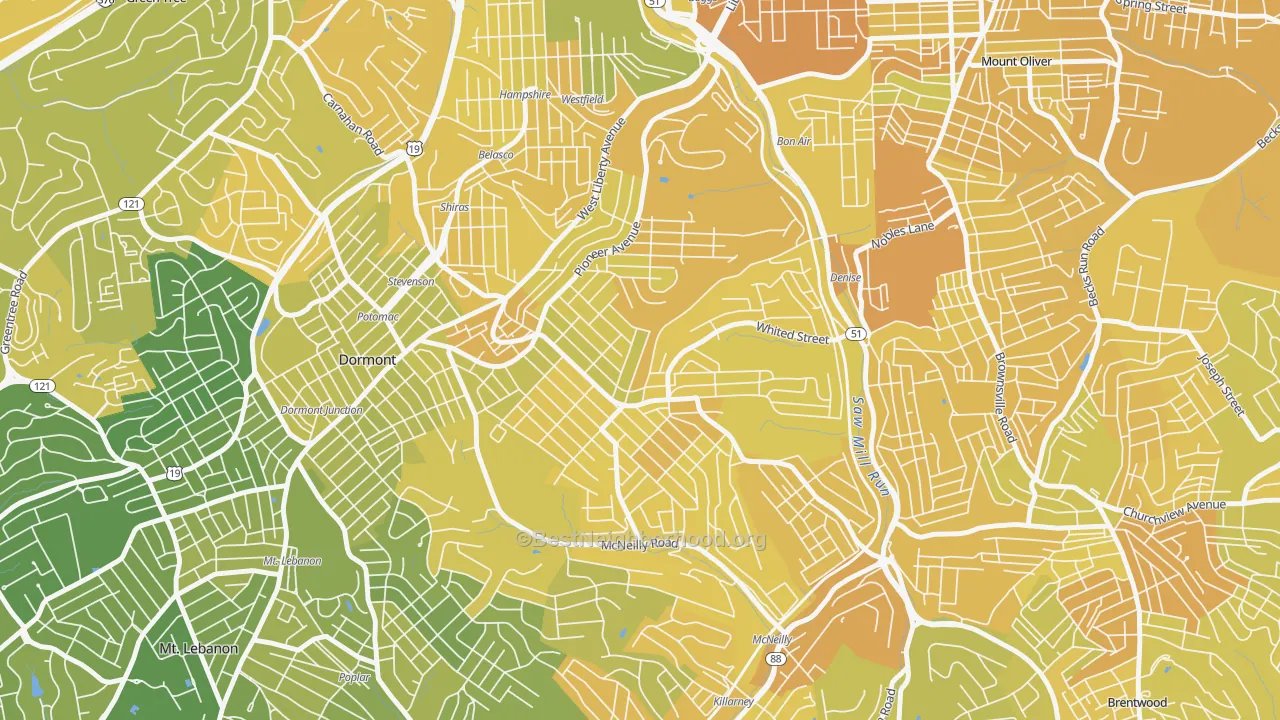Map of the best neighborhoods in the Brookline, Pittsburgh area, with better matches in green and worse matches in red