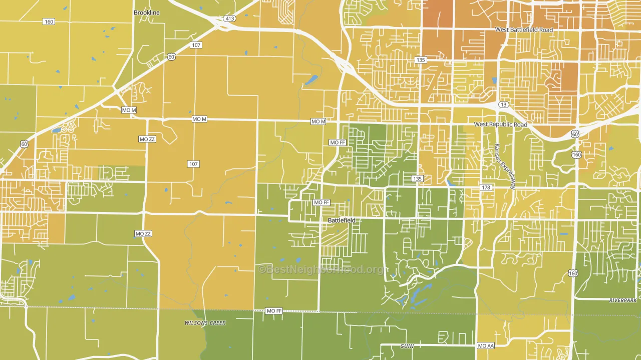 Map of the best neighborhoods in the Brookline Station area, with better matches in green and worse matches in red