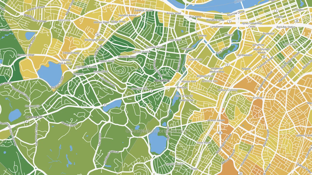 Map of the best neighborhoods in the Brookline Village, Brookline area, with better matches in green and worse matches in red