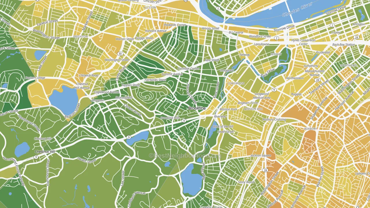 Map of the best neighborhoods in the Brookline Village Commercial District, Brookline area, with better matches in green and worse matches in red
